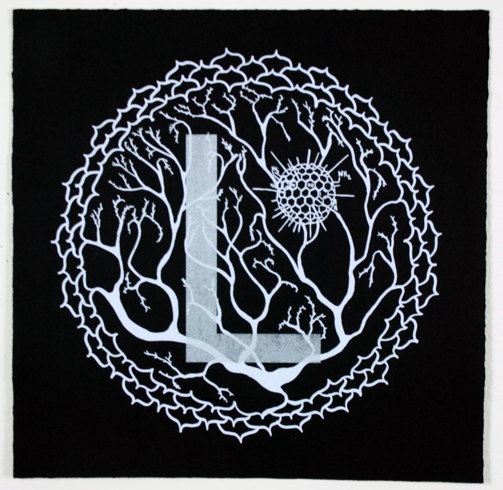 Silkscreen print with white and silver ink on black paper. The letter L floats over Purkinje's neuron inside Sahasara, the crown chakra.