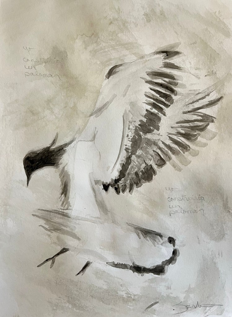 Ink drawing of a pigeon coming in for a landing.